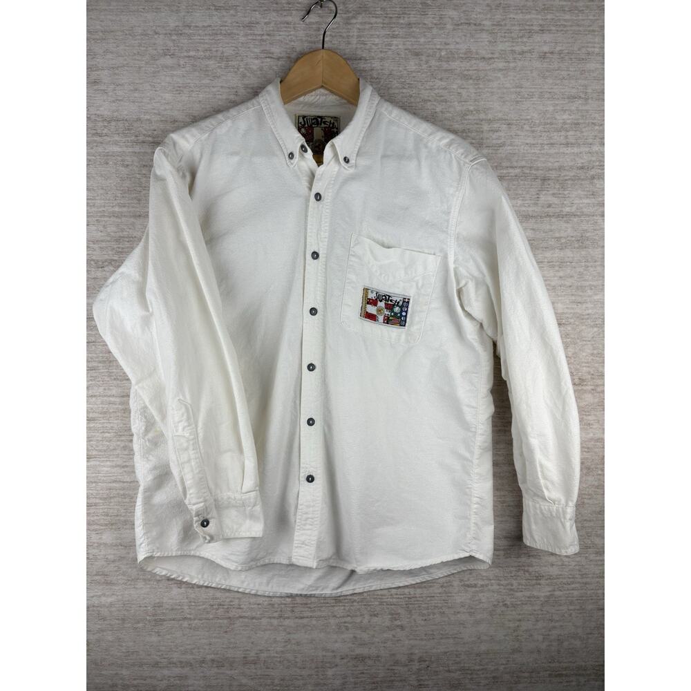 Vintage 90s SWATCH SHIRTS White Button Down Shirt Medium Swatch Patch Logo